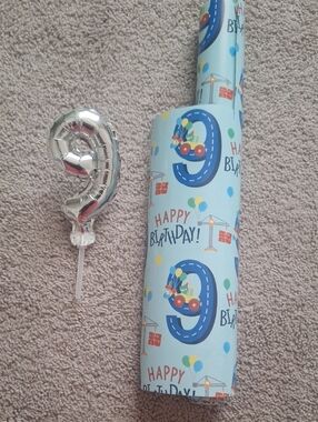 Happy Birthday Number 9 Blue Party Wrapping Paper with Silver 9 Balloon